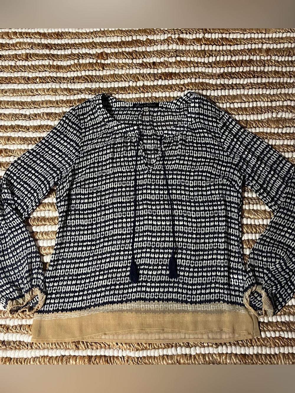Women's Black & White Patterned Tie-Front sheer Peasant Blouse